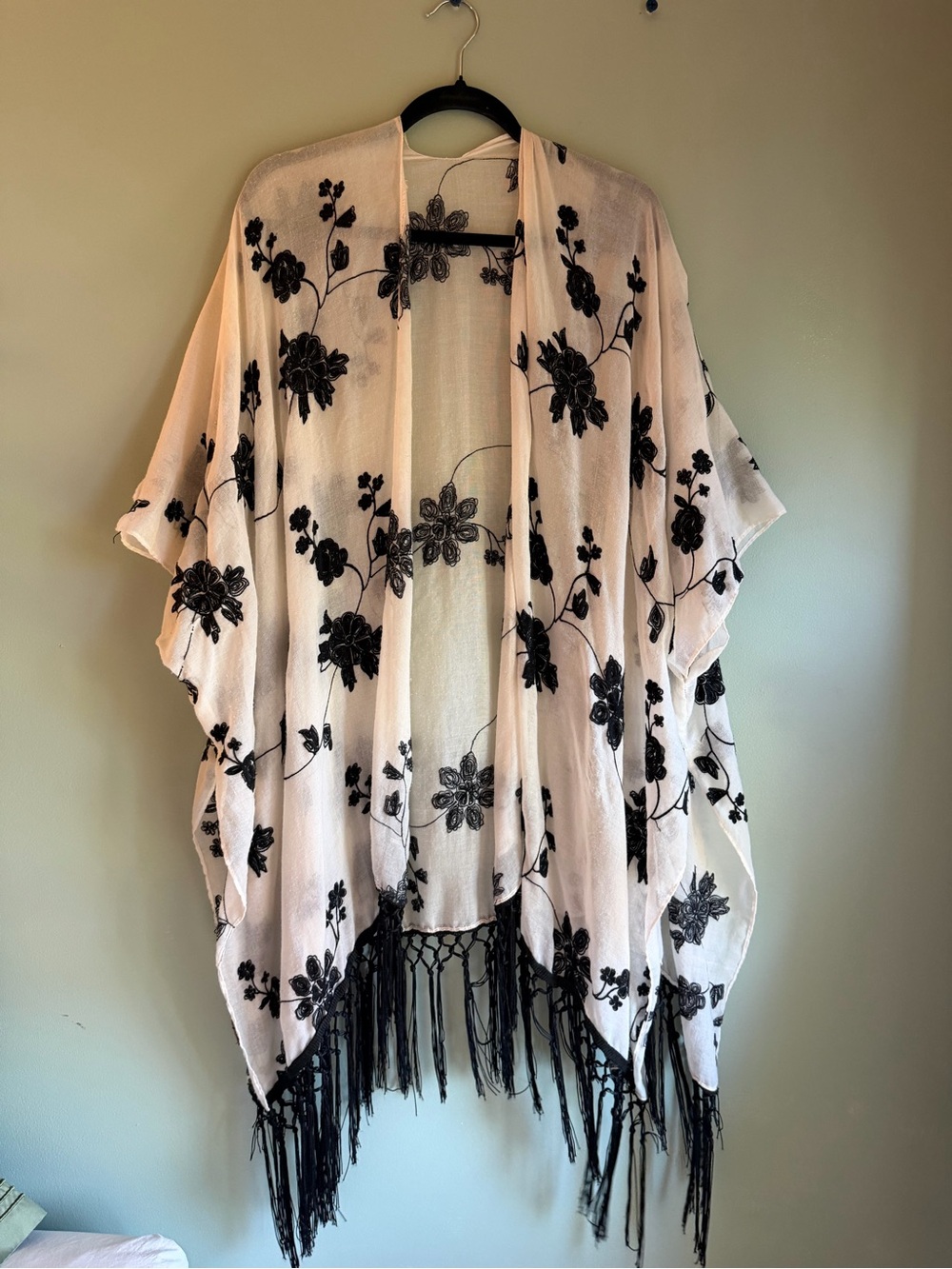 Sheer Floral Kimono with Fringe - Black on Cream